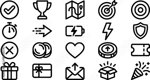 Loyalty Rewards Program UI Line Icons Set, Bonus and Gamification Outline Symbols