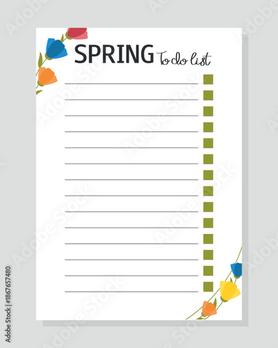 Spring To Do List with colorful flowers pattern. Template for print, planner, diary, shopping, organizer, checklist, notes.
