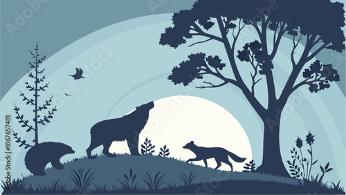 Wilderness Night Scene Silhouette of Howling Wolf Bear and Fox under Moon for Nature Ecology Wildlife Design Projects