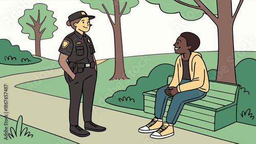 Police Officer Talking Kindly to Smiling Young Person Sitting on Park Bench for Community Safety Education and Trust Building