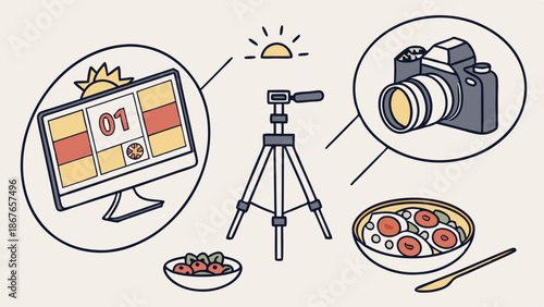 Food Photography Setup With Camera Tripod Monitor Display and Delicious Meal Preparation For Social Media Content Creation 155 characters