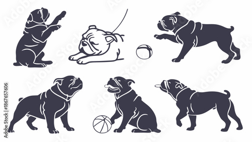 Bulldog Dog Poses Set Silhouette Collection for Pet Care Branding Web Design Fun Animal Graphics