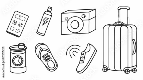 Travel Essentials Packing List Outline Icons for Vacation Planning Luggage Gadgets Footwear Security Checklist