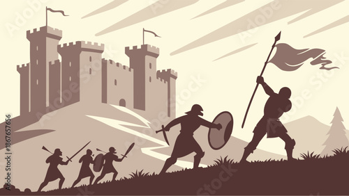 Medieval Warriors Storming Castle Hill with Banner for Epic Historical Game Design or Fantasy Book Cover Illustration