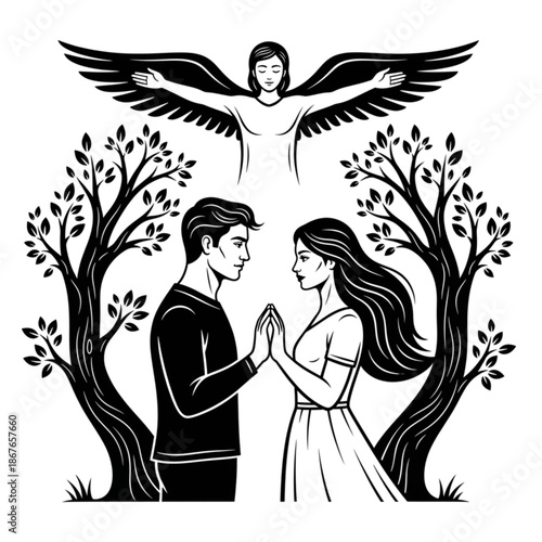 Esoteric Couple under Angel Wings: Mystical Love, Tarot Arcana, Spiritual Connection, Black and White Illustration