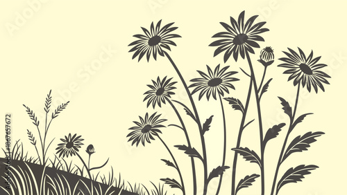 Elegant Black and White Daisy Meadow Illustration Perfect for Spring Brochures Summer Invitations Vintage Botanical Design Projects
