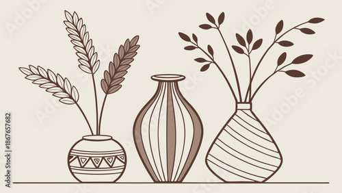 Rustic Sepia Line Art Vases with Wheat Stalks and Foliage for Home Decor Website or Bohemian Interior Design Blog Graphics