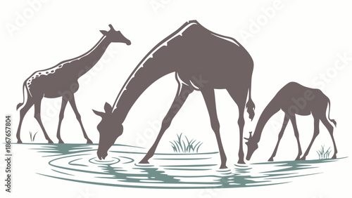Silhouette of Giraffe Family Drinking Water at Safari Watering Hole for Wildlife Conservation and Nature Design Projects