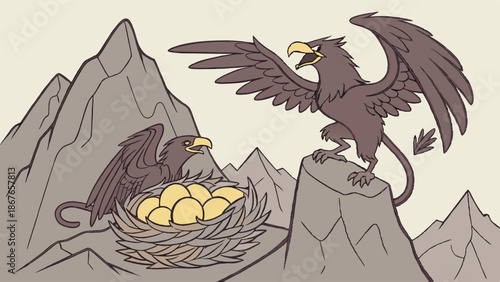 Majestic Griffins Guarding Golden Eggs on Craggy Mountain Peak for Fantasy Storytelling or Mythology Design Projects