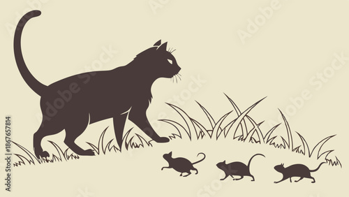 Black Cat Stalking Three Small Mice in Grass for Pest Control Web Design or Fable Illustration