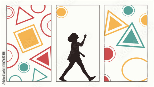 Active Woman Silhouette Walking Through Geometric Shapes Panels for Fitness App Design or Wellness Promotion