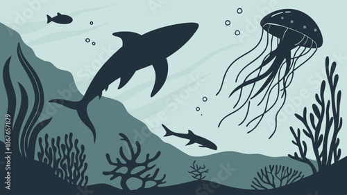 Shark and Jellyfish Silhouette Underwater Ocean Scene for Marine Biology Education Ecology Design Projects