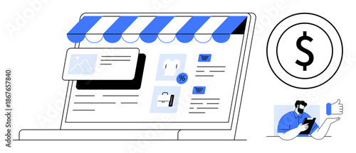 E-commerce, digital payments, online stores, mobile shopping, customer feedback, secure transactions. A storefront on a laptop screen, dollar sign and person with a smartphone. E-commerce