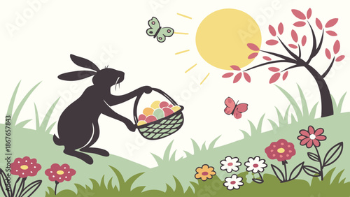 Easter Bunny Silhouette Hiding Colorful Eggs in Spring Garden for Holiday Greeting Card Design Celebration