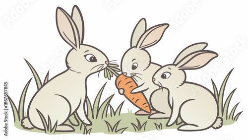 Three Cute White Rabbits Sharing a Large Carrot in Grassy Field for Children's Book Illustration or Pet Food Ad
