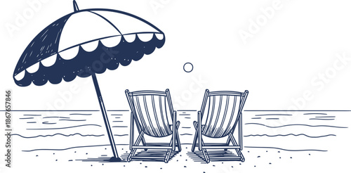 Serene beach scene with umbrella and chairs