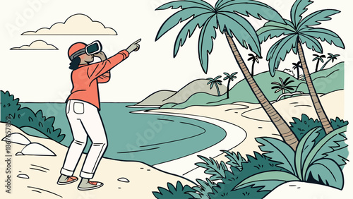 Adventurous Traveler with Binoculars Exploring Tropical Beach Island Vacation Destination for Travel Blog Design