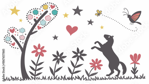 Charming Silhouette of Dog Jumping for Butterfly in Whimsical Garden for Children's Book Illustration or Spring Decor