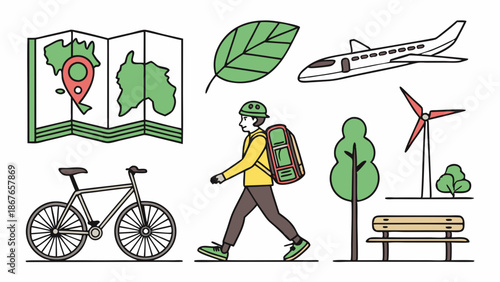 Sustainable Travel Icons Set Biking Walking Airplane Wind Turbine for Eco Tourism Web Design and Green Lifestyle Promotion