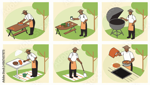 Man Grilling Food Outdoors Step-by-Step Guide Summer Barbecue Preparation Cleanup Sequence for Lifestyle Blog or Recipe Website
