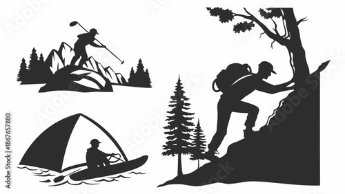 Silhouette Set of Outdoor Adventure Sports Hiking Kayaking Golfing for Travel Vacation Web Design and Print Projects