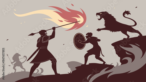Heroic Warriors Fight Fiery Lion Monster Epic Battle for Courage Motivation and Strength in Fantasy Adventure Design