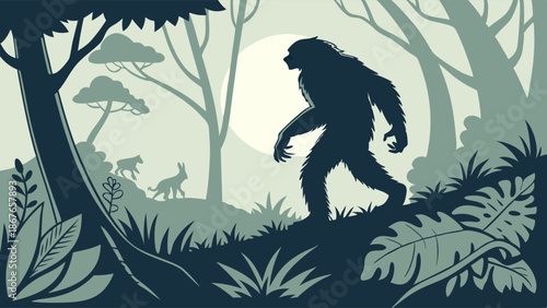 Mysterious Bigfoot Silhouette Walking Through Dark Forest Jungle at Night for Adventure Travel Web Design or Folklore Illustration