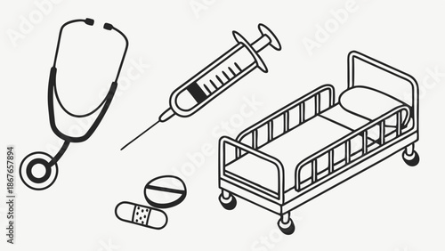 Medical Equipment Icons Stethoscope Syringe Hospital Bed Pills for Healthcare Clinic Web Design Patient Care Illustration