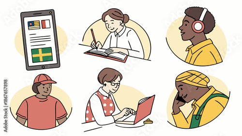 Diverse Learners Studying Languages Online Mobile App Education Remote Work Focused Adults Gaining Skills