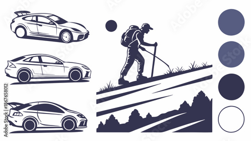 Sporty Car Designs and Hiker Climbing Steep Hill Vector Set for Adventure Travel and Automotive Design Projects