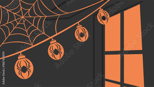 Spooky Halloween Decoration String Lights with Spider Web and Window Silhouette for Holiday Party Promotion and Seasonal Web Design