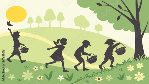 Children Silhouettes with Baskets Enjoying Sunny Spring Day Outdoors for Easter or Summer Holiday Web Design
