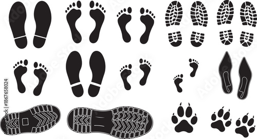 Human walking footprints and shoe sole marks vector set. Bare feet and kids footsteps trail icons for path and print design eps