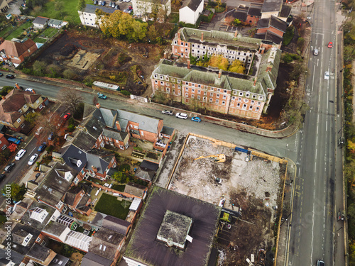 Newcastle England: 17th Aug 2025: Westgate Road police station demoltion renovation works. Drone point of view on quiet morning. Top down view