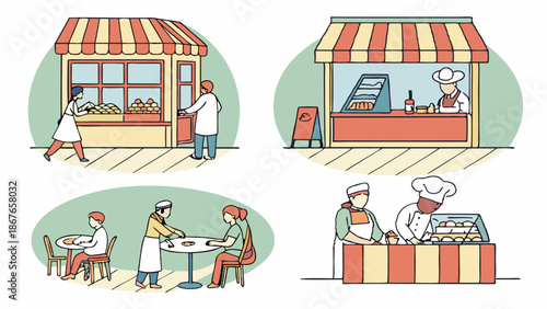 Bakery Shop Scenes Staff Serving Customers Food Stall Exterior Indoor Dining for Food Service Industry Design