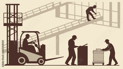 Industrial Warehouse Workers Operating Forklift and Moving Materials for Construction Logistics and Manufacturing Operations