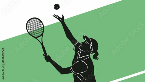 Female Tennis Player Serving Ball Mid-Air Dynamic Sports Illustration for Athletic Websites Fitness Advertising and Competition Promotion