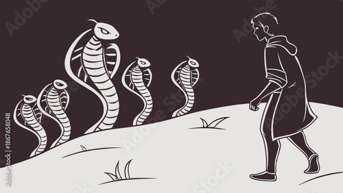 Man Confronting Group of Threatening Cobras in Dark Landscape for Courage or Danger Illustration