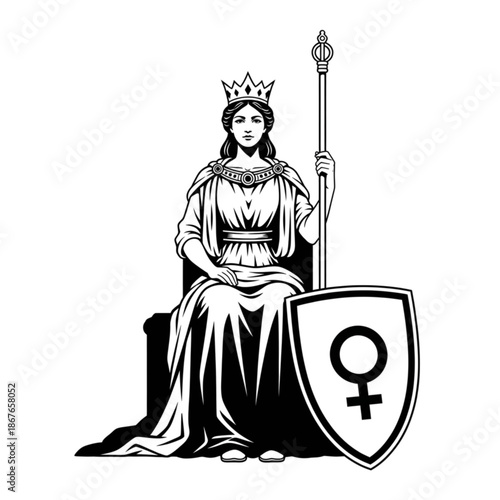 Queen, Symbol of Womanhood, Feminine Power, Esoteric Arcana, Black and White Vector