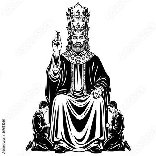 Esoteric King: Arcana Symbolism, Mystical Ruler, Black and White Illustration for Tarot & Occult Design