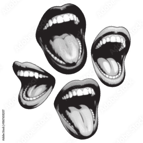 Four open mouths with tongues displayed in a black and white illustration