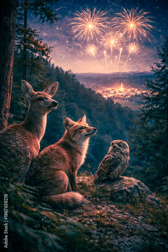 Deer, fox and owl watching fireworks from forest