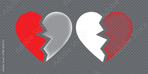 Set of Two Broken Heart Icons Featuring Split Red and White Halves with Translucent Glassy Effects for Breakup Concepts.