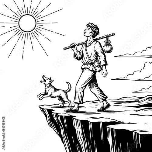 The Fool Tarot Card Illustration: Esoteric Symbolism, New Beginnings & Adventure - Black & White Line Art, Spiritual Journey, Destiny, Divination, Dog Companion