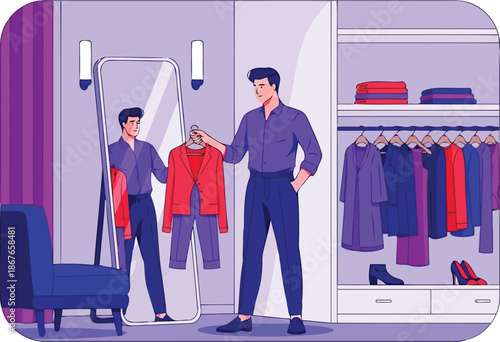 Stylish man trying on a red jacket in a modern dressing room