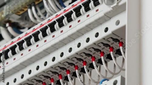 Electrical panel of complex automation, assembled in a customized cabinet. Control of lighting, curtains, thermal heads.