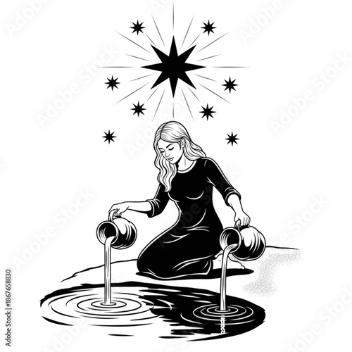 Esoteric Woman Pouring Water: Tarot Card Concept, Mystical Black and White Illustration for Astrology and Spirituality.