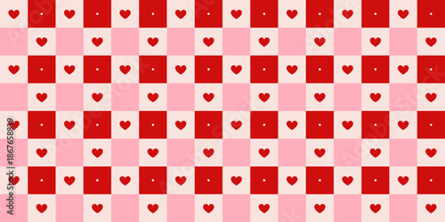 Valentine's Day red and pink checkered seamless patter with hearts. Repeating print for wrapping paper and poster. Love and romantic wallpaper. Vector illustration background