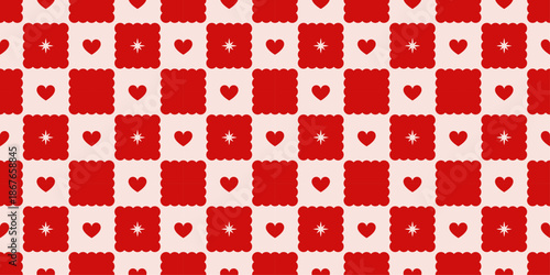 Valentine's Day Red Checkered Seamless Patter with Star and Hearts. Wave rhombus with lace. Repeating print for wrapping paper and textile. Love and romantic wallpaper. Vector illustration background