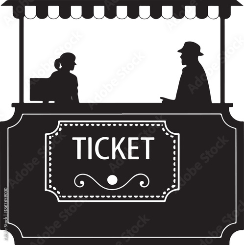 Silhouette of ticket vendor and customer at a ticket booth